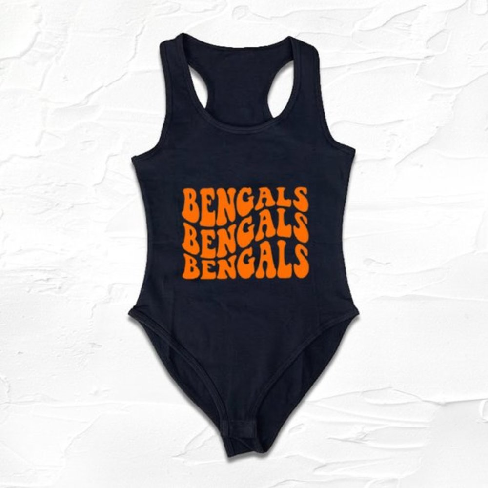 Black Orange Bengals Football team bodysuit, GO Cincinnati, WHO DEY
